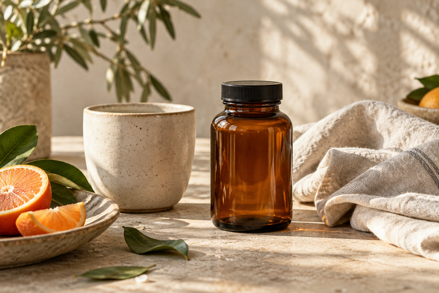 Amber bottle, citrus and linen in morning light